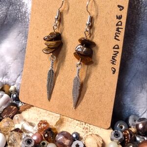 Tigers Eye Feather Charm Artisan Earrings